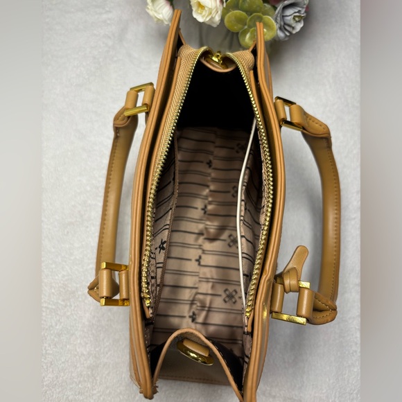 Elegant Structured Satchel Bag - Brown Handbag with Gold Details